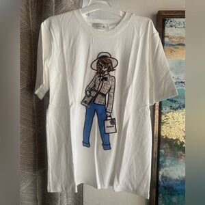 LILI T-Shirt Womens White Doll Print Size Médium Stretch Short Sleeve